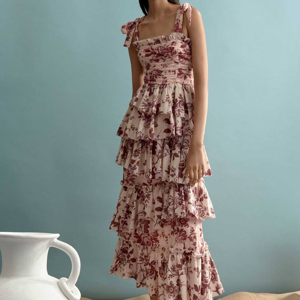 NWOT Alemais Heather Tiered Midi Dress in Pink / Burgundy Organic Cotton - 0 XS